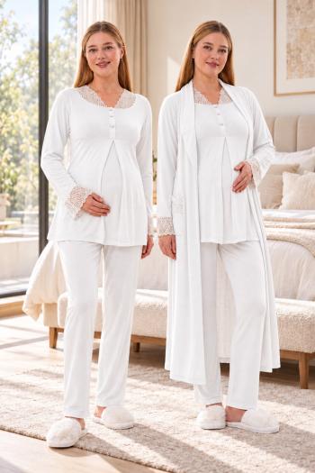 Mecit 6330 Ekru Sabahlıklı Lohusa Pijama Takımı